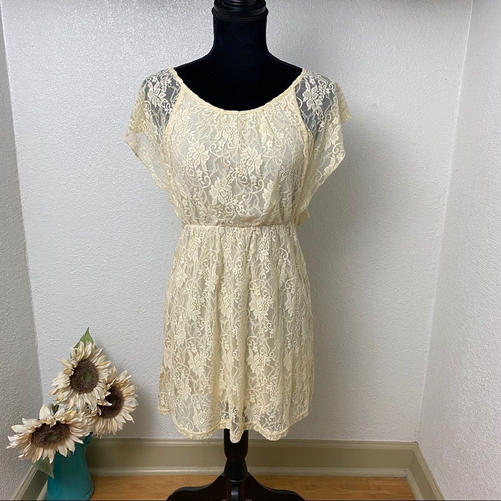 Lace Overlay Lined Dress - Off-White